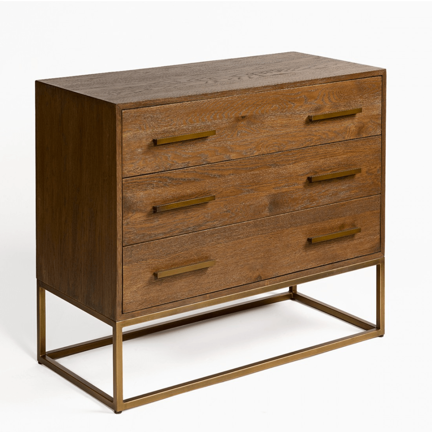 Martos Brown Oak Chest of Drawers with Gold Metal Base - Maison Rêves UK