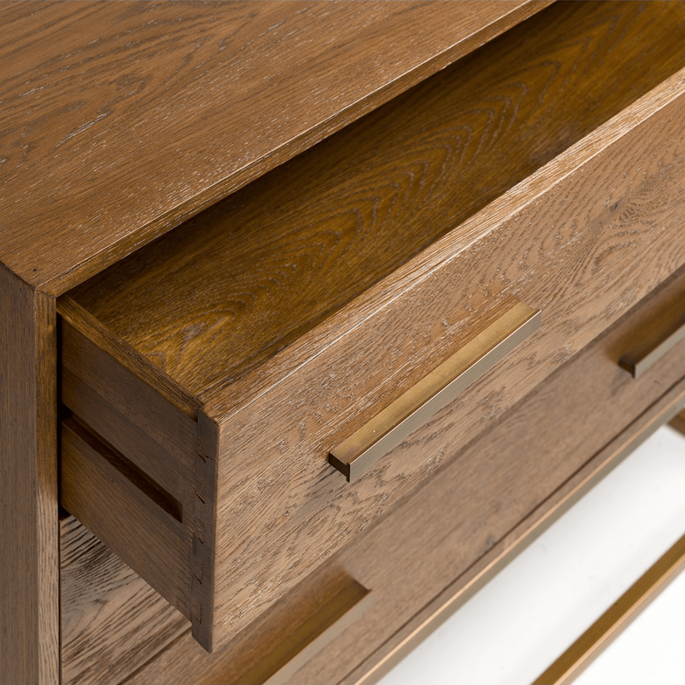 Martos Brown Oak Chest of Drawers with Gold Metal Base - Maison Rêves UK