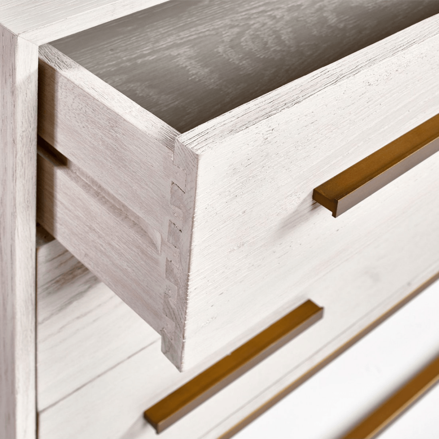 Martos White Oak Chest of Drawers with Gold Metal Base - Maison Rêves UK