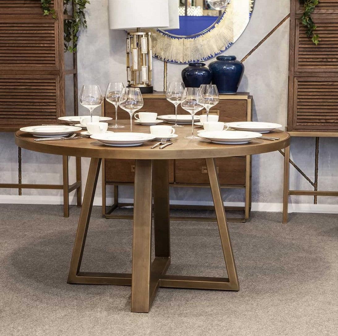 Martos Wooden Round Dining Table with Gold Metal Base - Maison Rêves UK