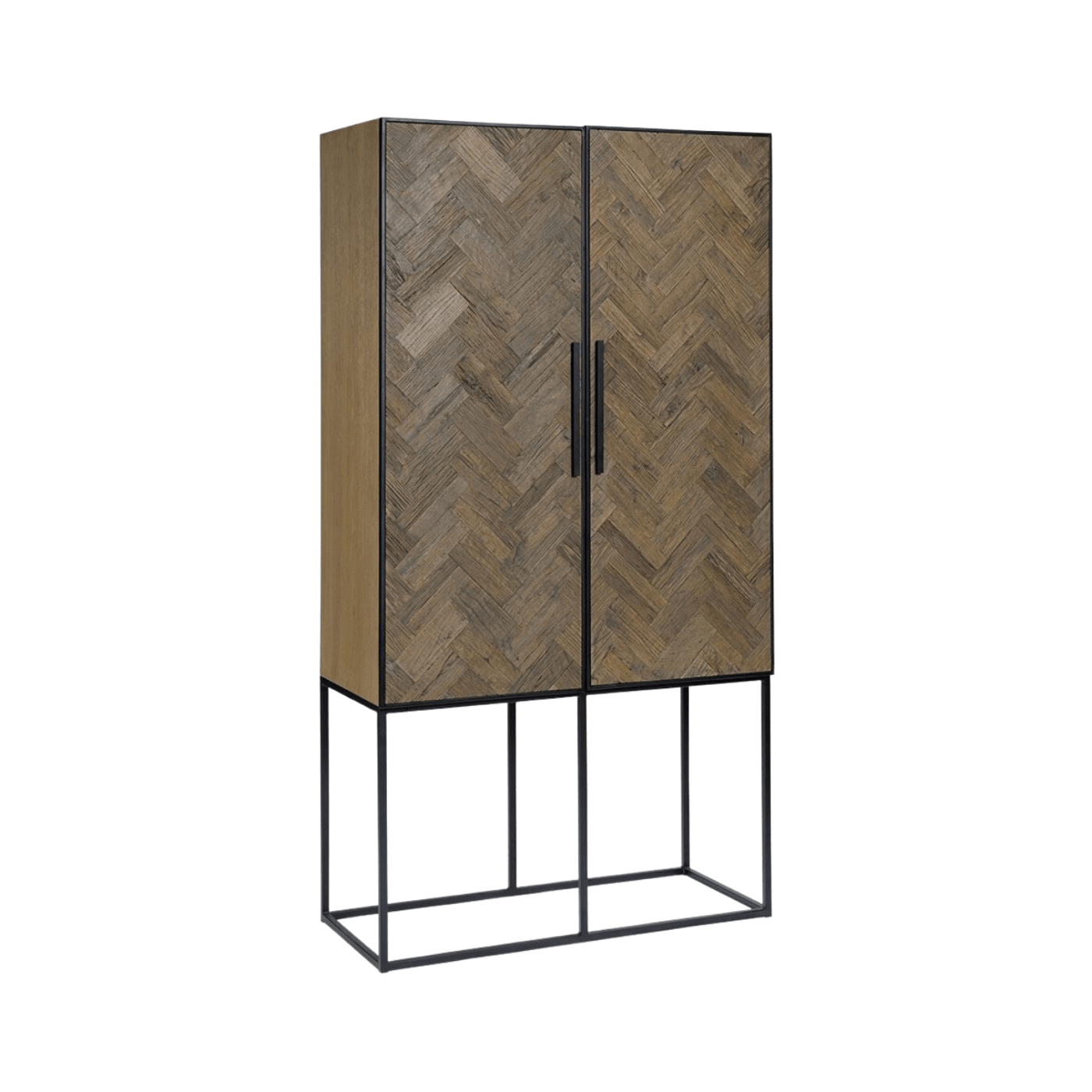 Murcia Herringbone Pine Wood Cabinet with Metal Base - Maison Rêves UK