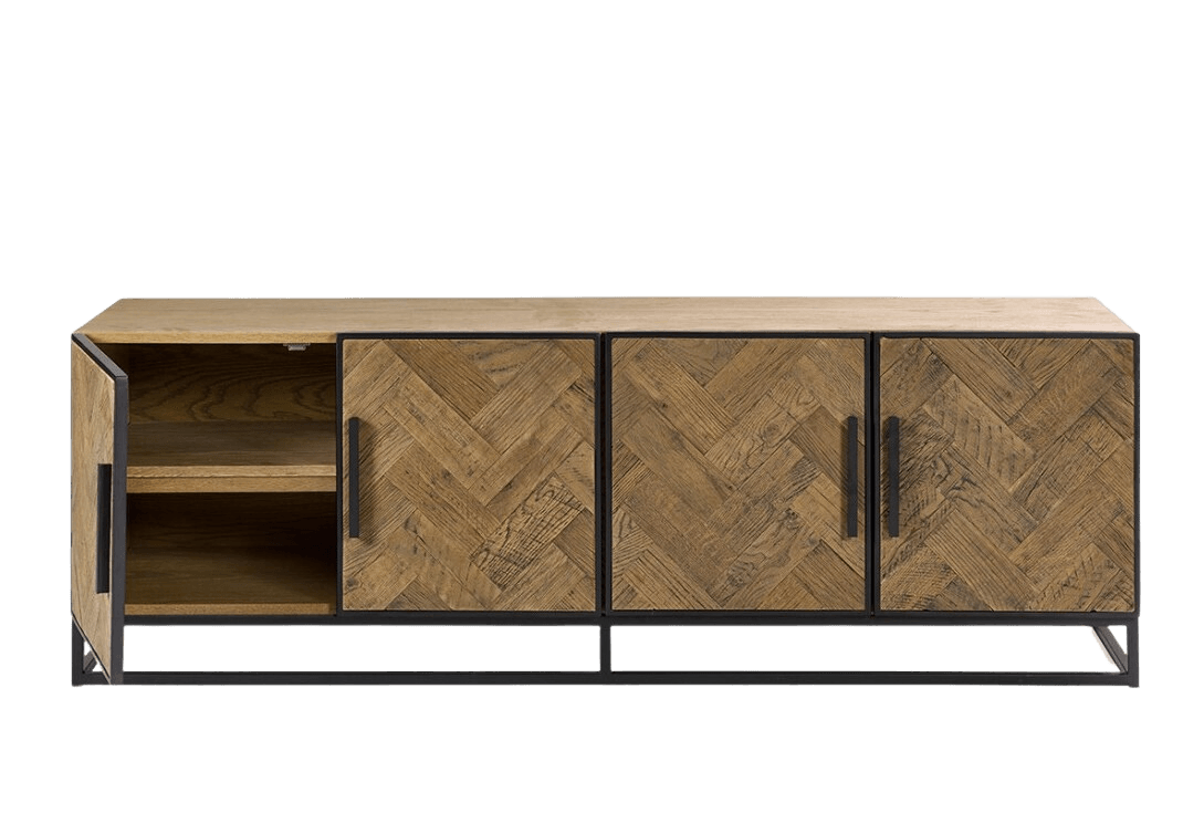 Murcia Low Herringbone Oak Wood Sideboard with Metal Base - Maison Rêves UK
