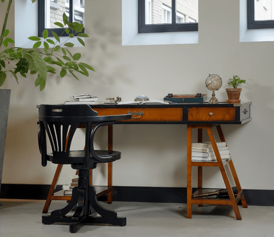 Navigator's Desk in Honey Distress Wood, Black by Authentic Models - Maison Rêves UK