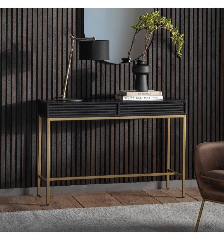 Regalia Mango Wood 2 Drawer Console Table with Gold Iron Base - Maison Rêves UK