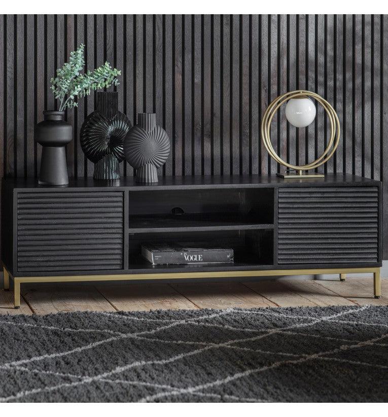 Regalia Mango Wood Media Unit with Gold Iron Base - Maison Rêves UK