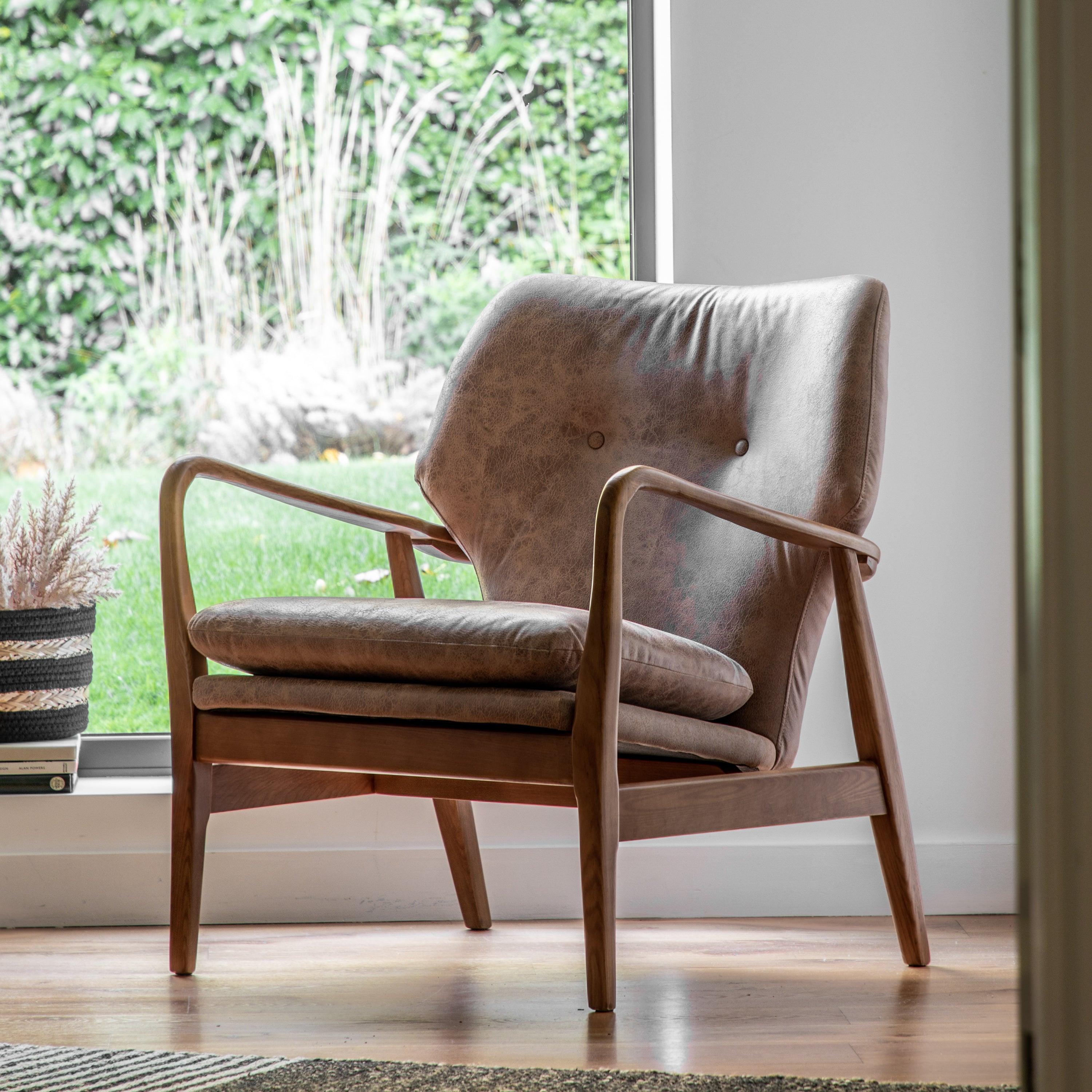 Rivervista Armchair Brown Leather with Oak Frame - Maison Rêves UK