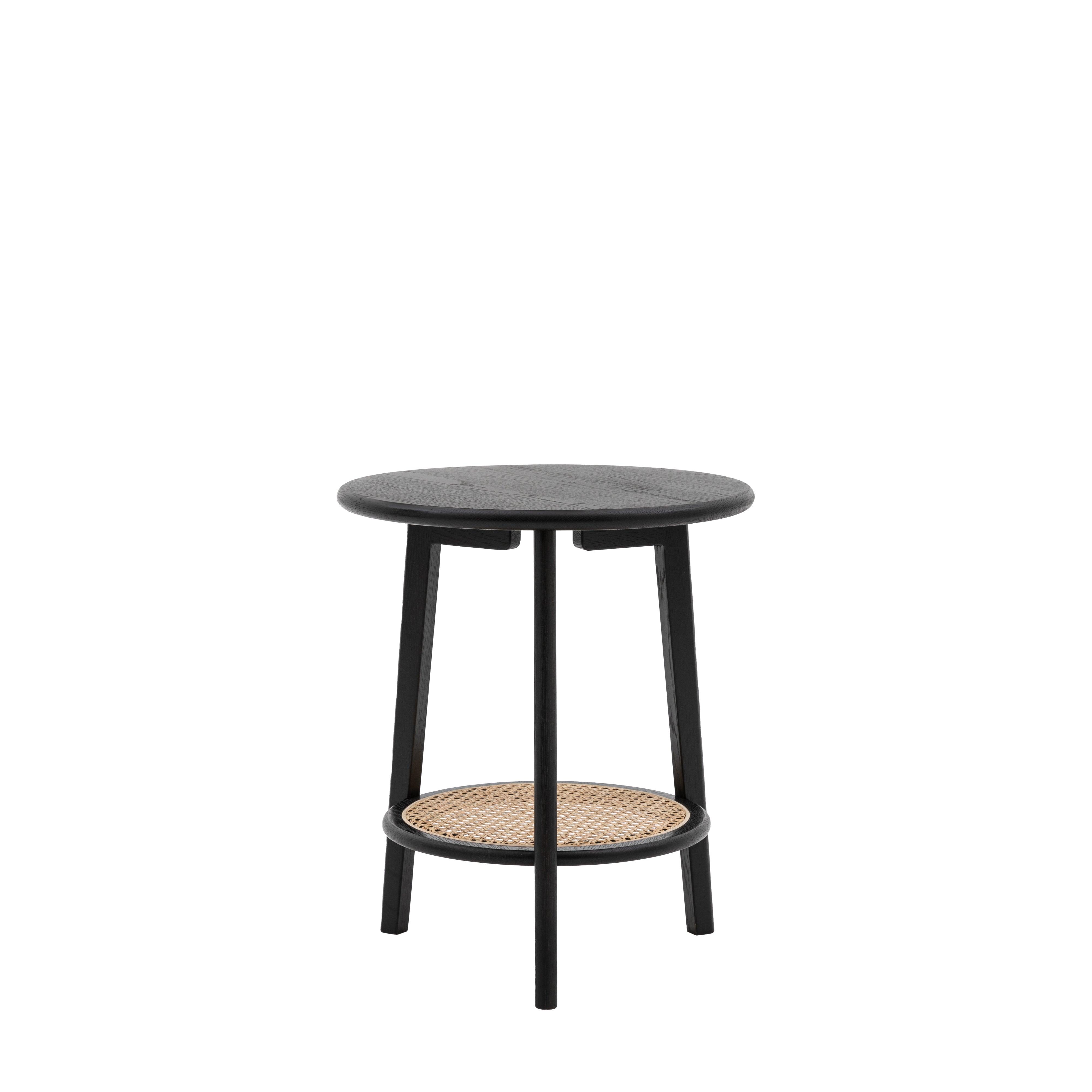 Severin Black Oak Bedside Table with Rattan Shelf - Maison Rêves UK