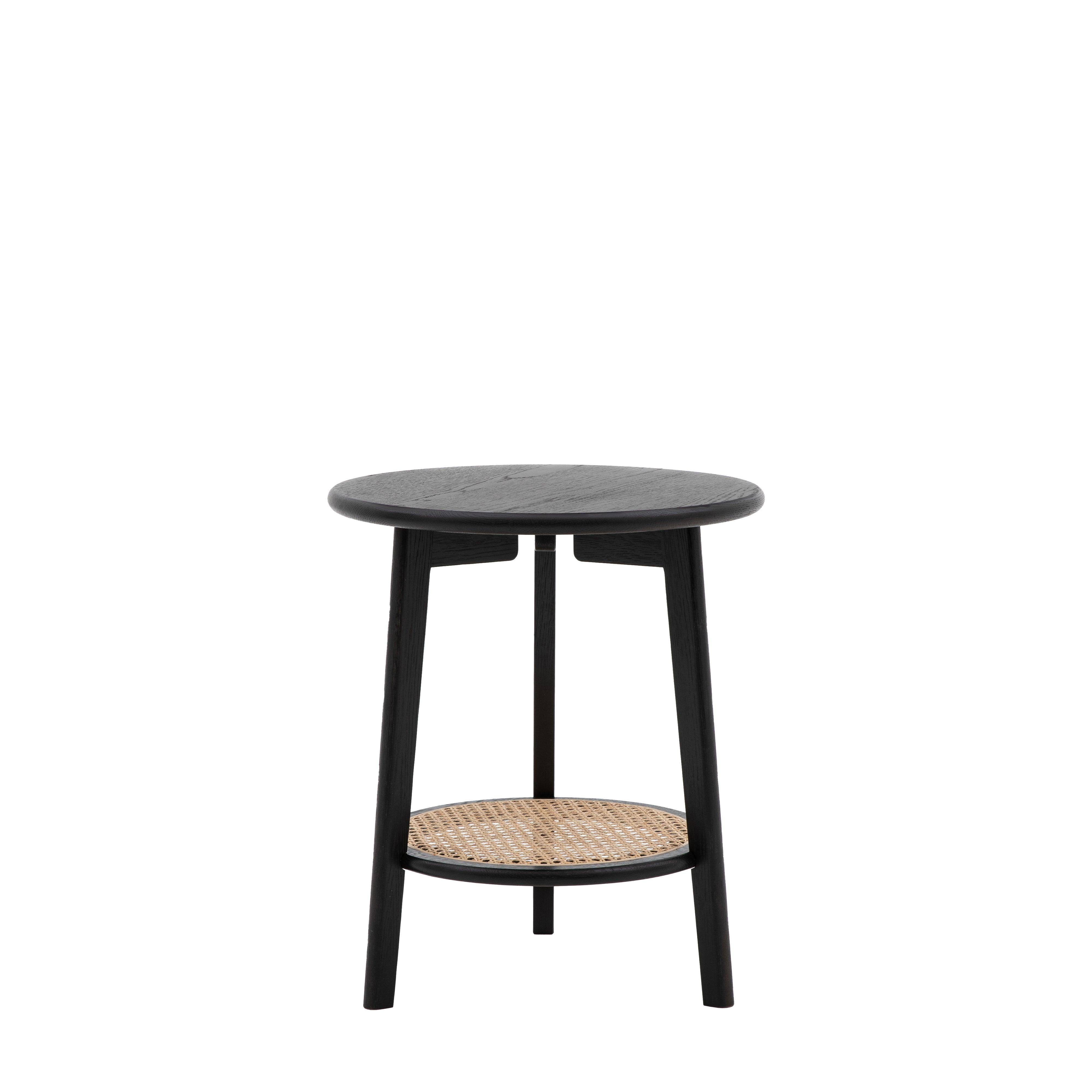 Severin Black Oak Bedside Table with Rattan Shelf - Maison Rêves UK