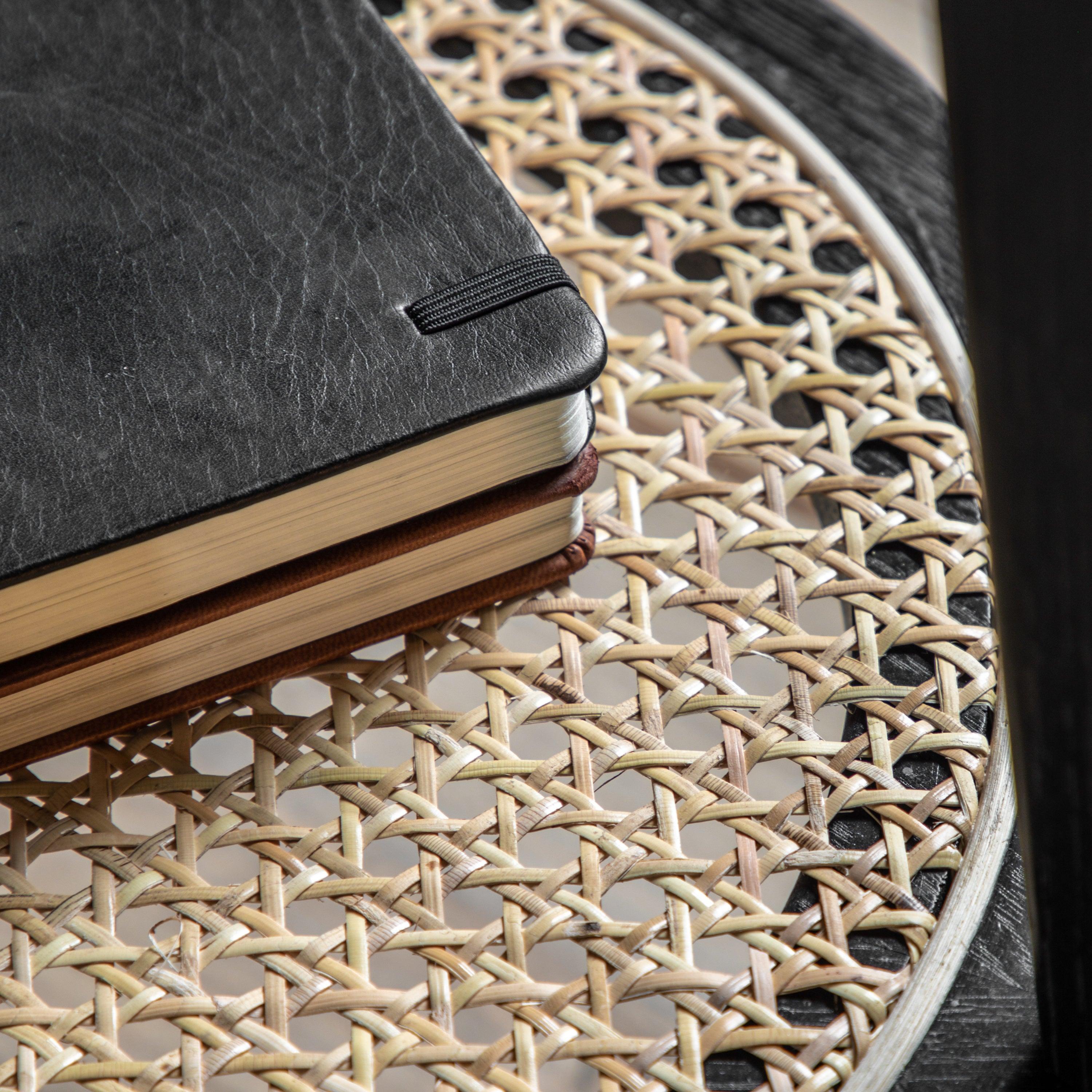 Severin Black Oak Bedside Table with Rattan Shelf - Maison Rêves UK
