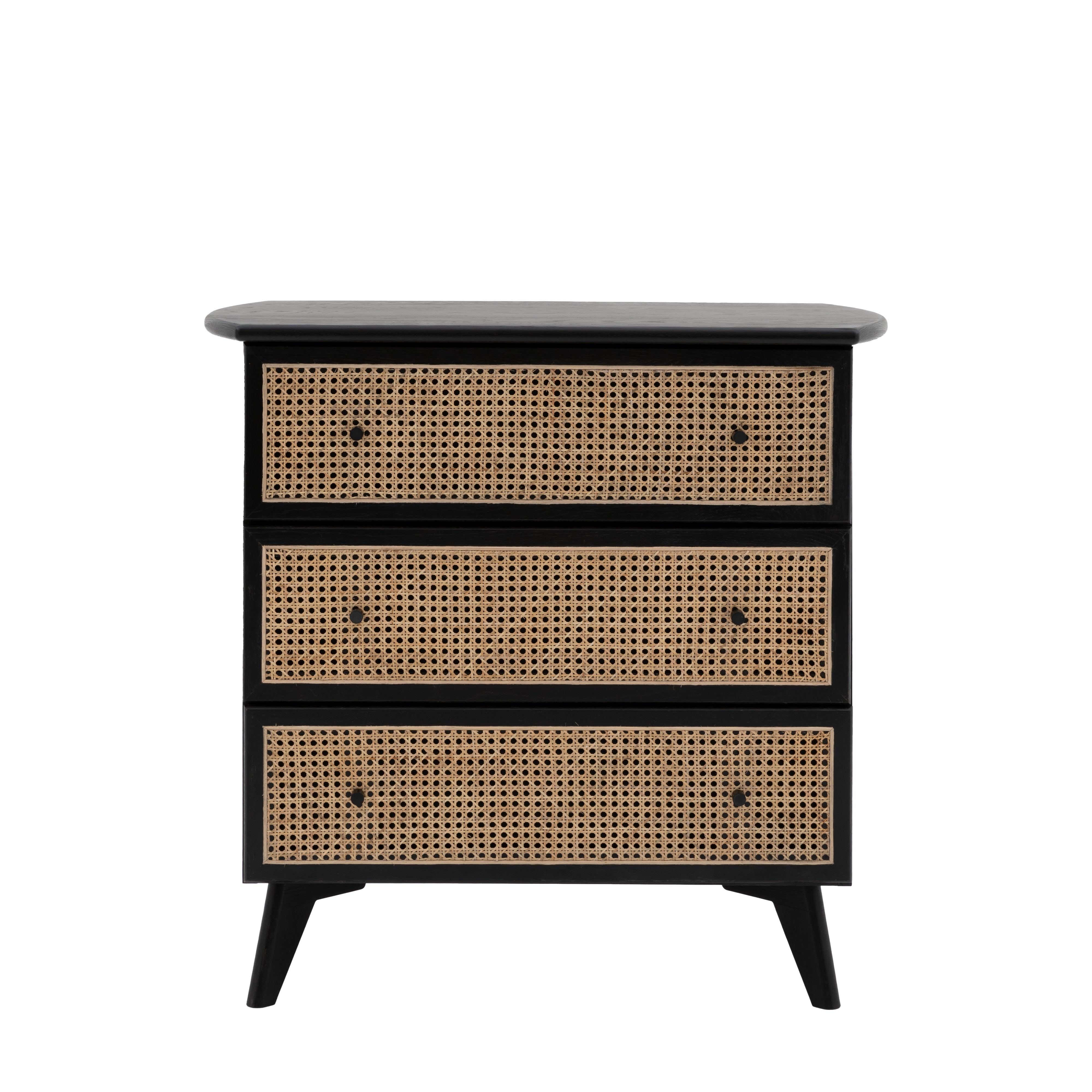 Severin Rattan 3 Drawer Chest Black Oak Wood Frame - Maison Rêves UK