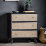 Severin Rattan 3 Drawer Chest Black Oak Wood Frame - Maison Rêves UK