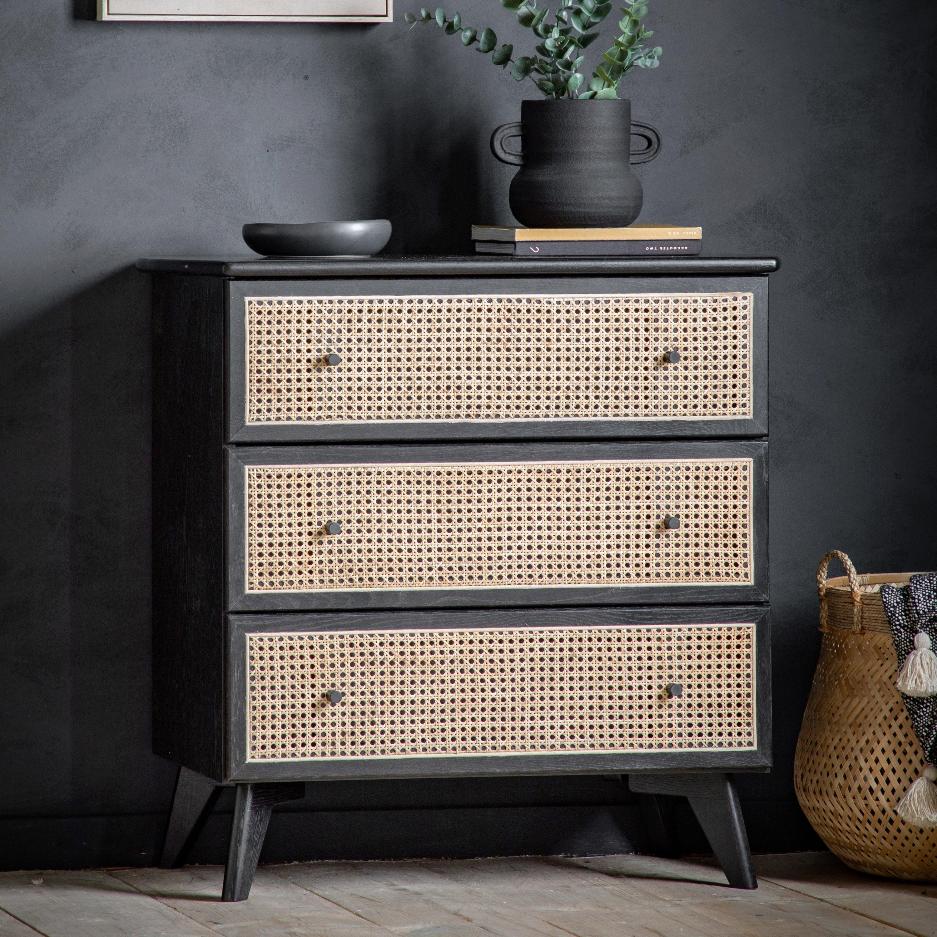 Severin Rattan 3 Drawer Chest Black Oak Wood Frame - Maison Rêves UK