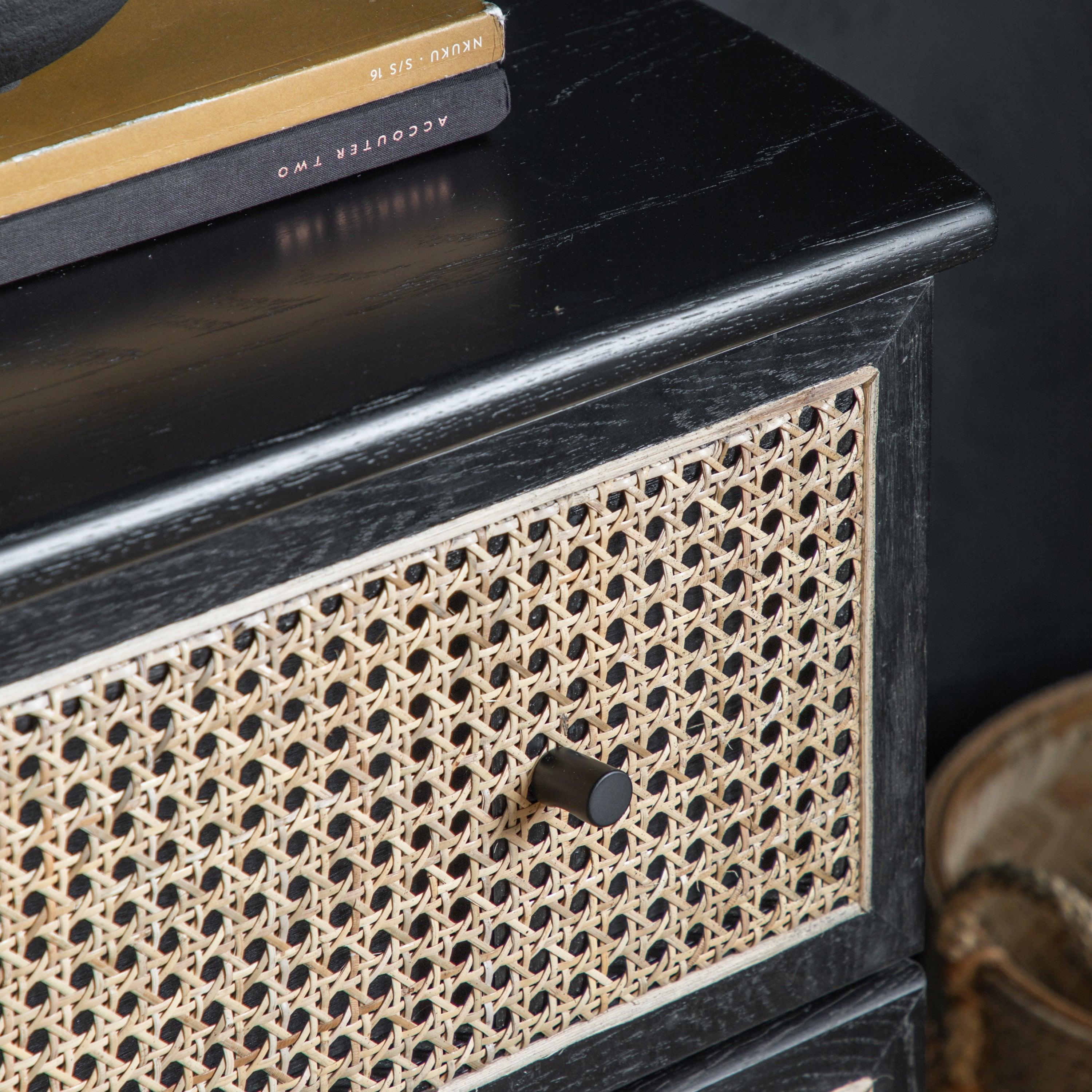 Severin Rattan 3 Drawer Chest Black Oak Wood Frame - Maison Rêves UK