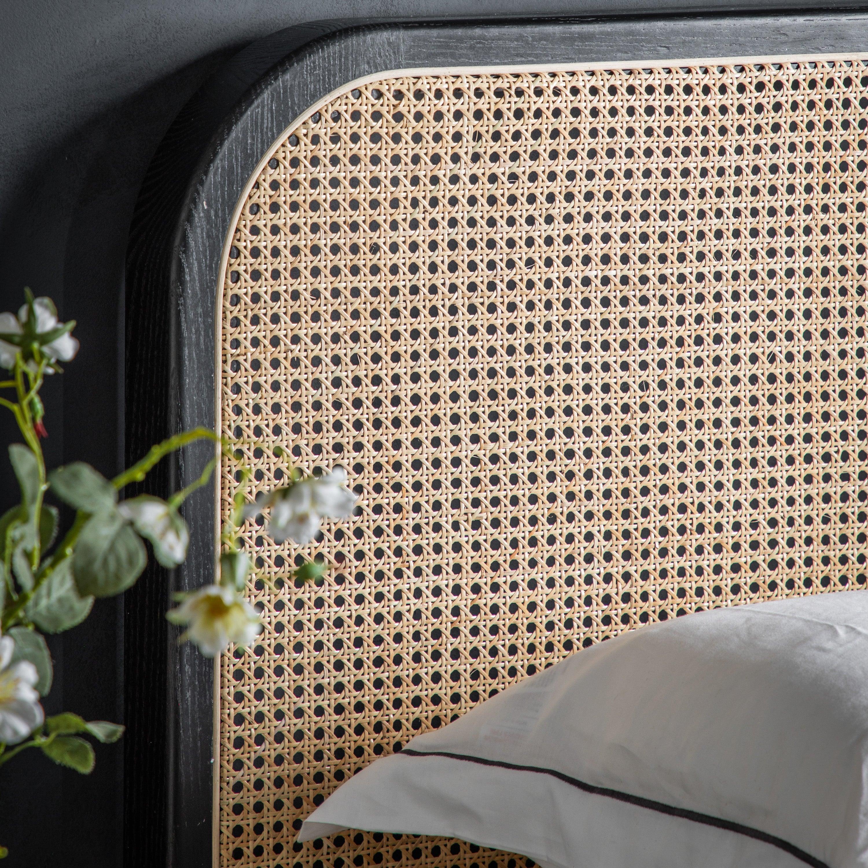 Severin Rattan Double 4'6 Bed with Black Oak Wood Frame - Maison Rêves UK