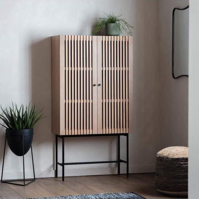 Stella 2 Door Oak Wood Cocktail Cabinet with Black Metal Base - Maison Rêves UK
